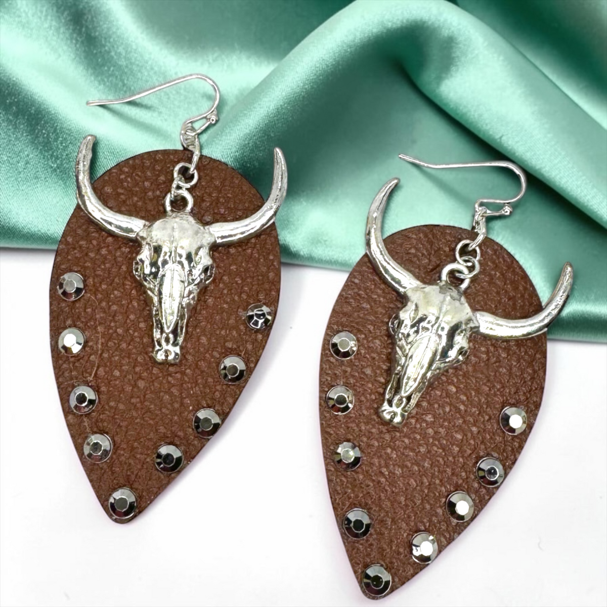 Stunning Western Bull Head Dangle Earrings - Brown Leather, Zinc Alloy, Stainless Steel & Rhinestones