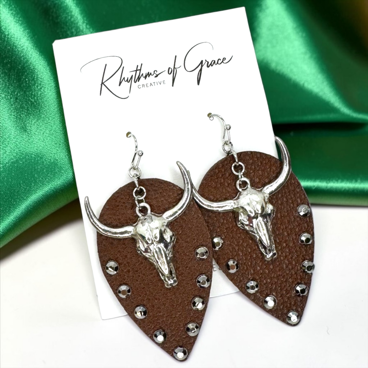 Stunning Western Bull Head Dangle Earrings - Brown Leather, Zinc Alloy, Stainless Steel & Rhinestones