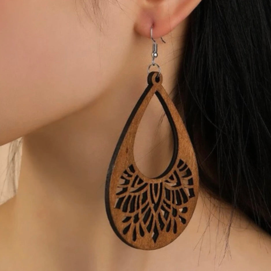 Teardrop Wood Earrings - Boho Style, Handmade Earrings, Boho Jewelry, Western Earrings, Black Earrings, Wooden Earrings, Bohemian Style