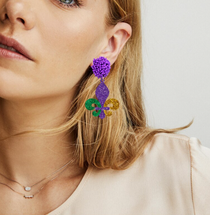Mardi Gras Magic: Dazzling Beaded Fleur de Lis Dangle Earrings! - Rhythms of Grace Creative