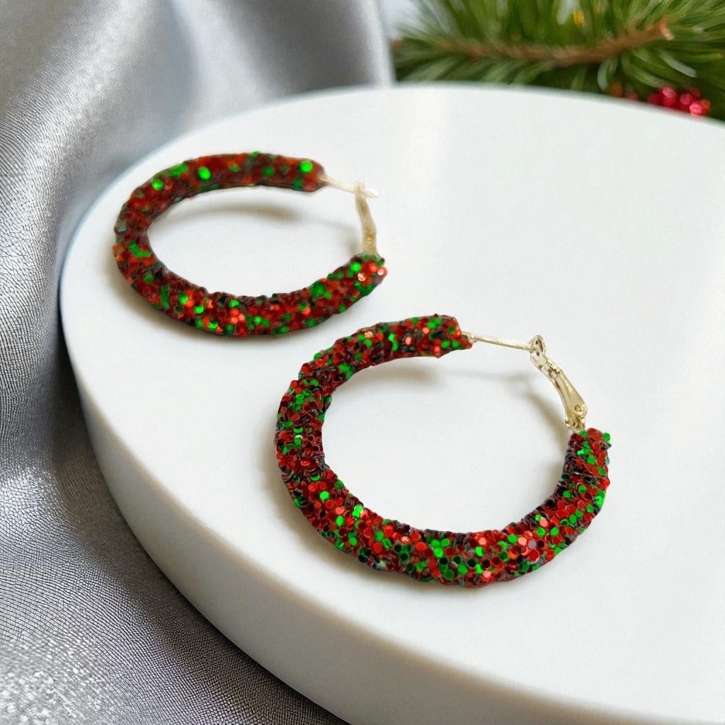Sparkling Christmas Hoop Earrings: Dazzle in Red & White! ✨