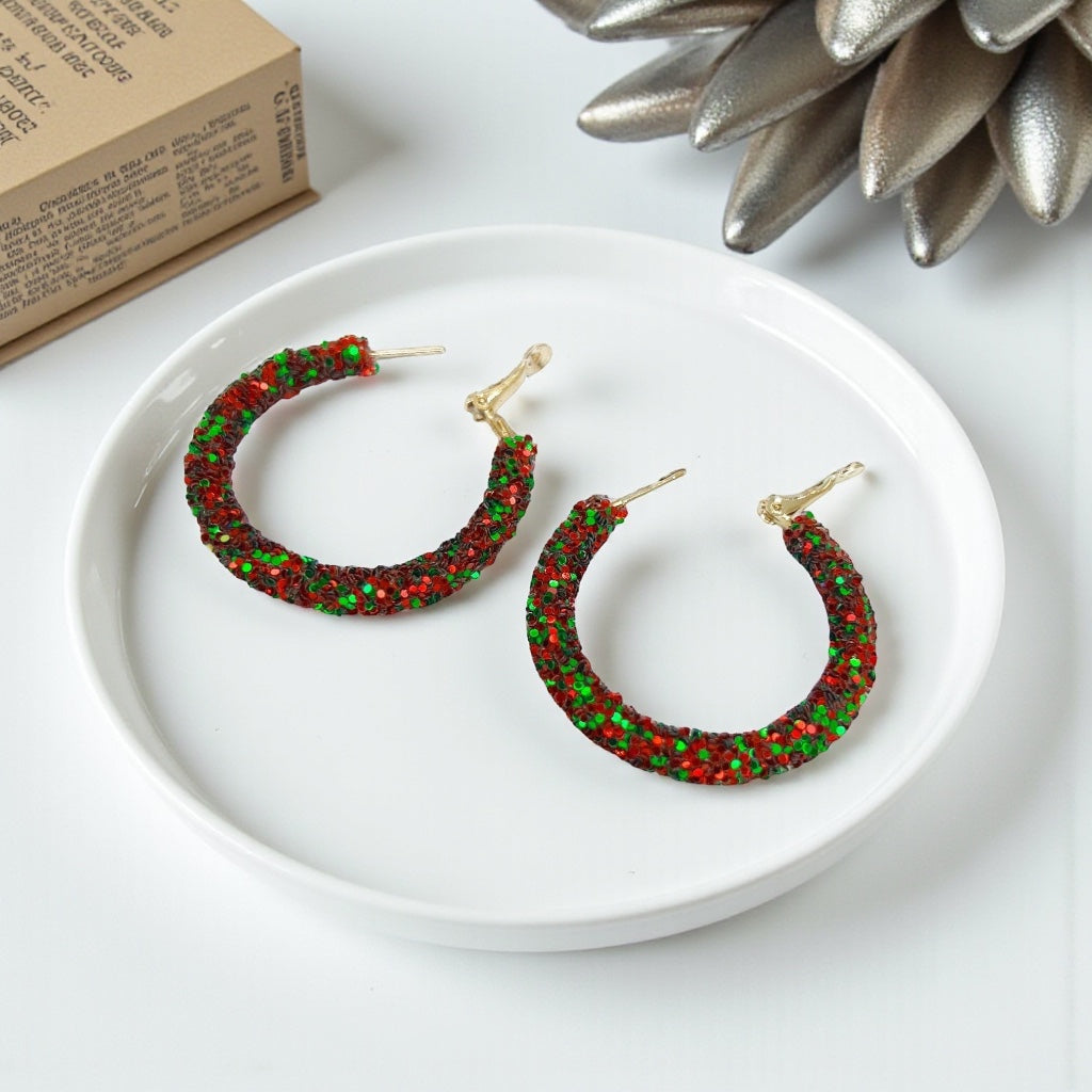 Sparkling Christmas Hoop Earrings: Dazzle in Red & White! ✨