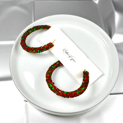Sparkling Christmas Hoop Earrings: Dazzle in Red & White! ✨