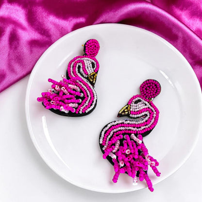 Tropical Chic: Hot Pink Beaded Flamingo Earrings for the Bold and Fashionable! 🌺🦩✨