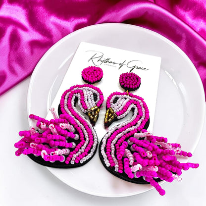 Tropical Chic: Hot Pink Beaded Flamingo Earrings for the Bold and Fashionable! 🌺🦩✨