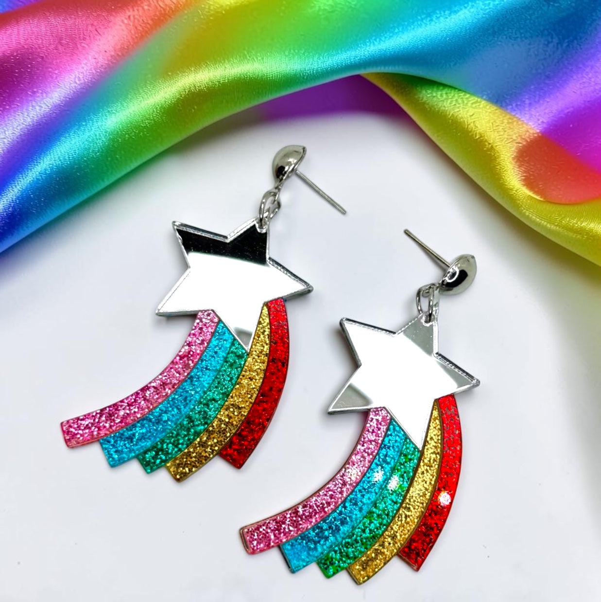 Rainbow Shooting Star Glitter Acrylic Statement Earrings
