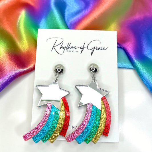 Rainbow Shooting Star Glitter Acrylic Statement Earrings