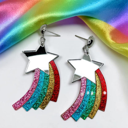 Rainbow Shooting Star Glitter Acrylic Statement Earrings