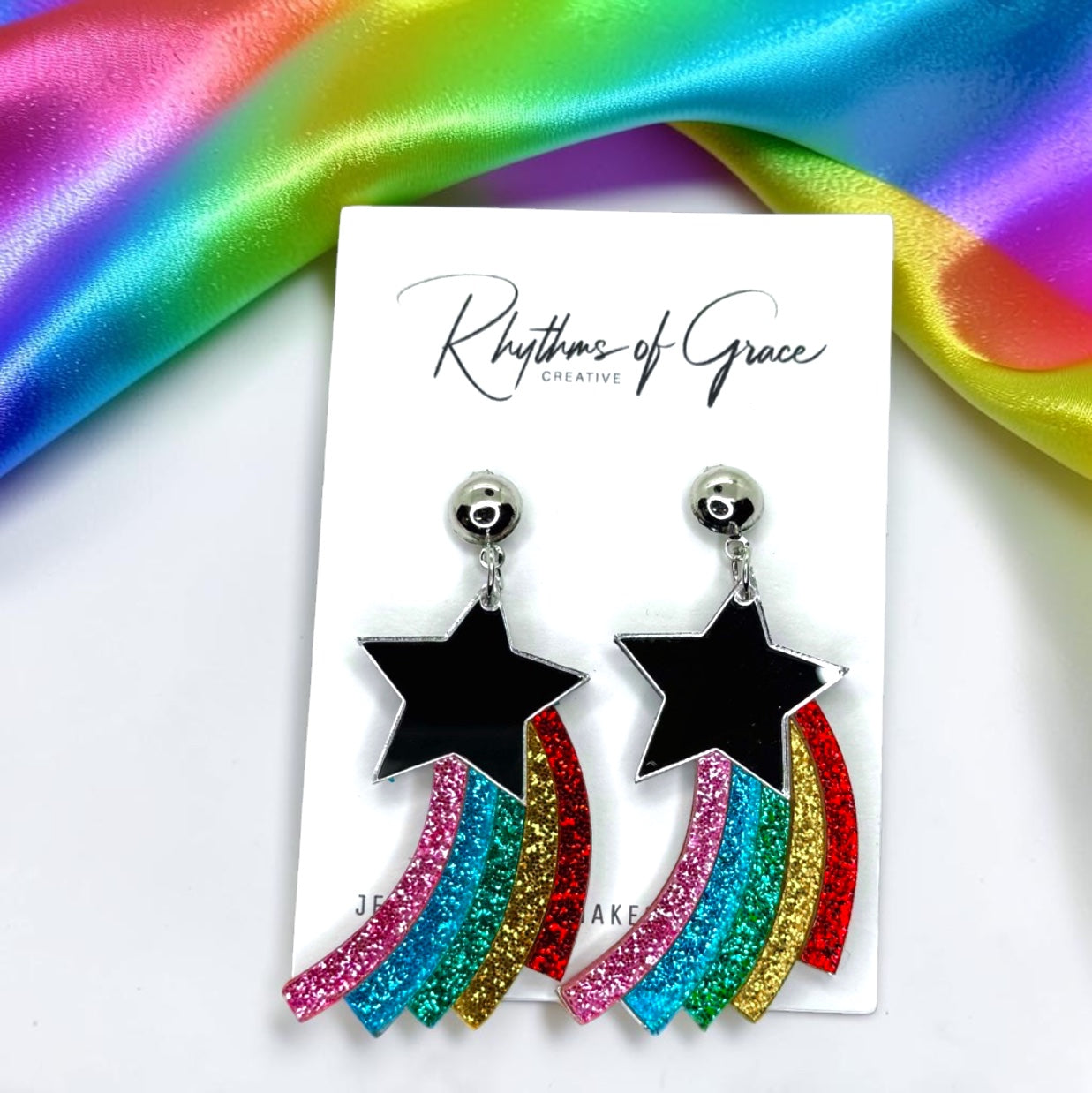 Rainbow Shooting Star Glitter Acrylic Statement Earrings