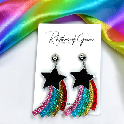 Rainbow Shooting Star Glitter Acrylic Statement Earrings