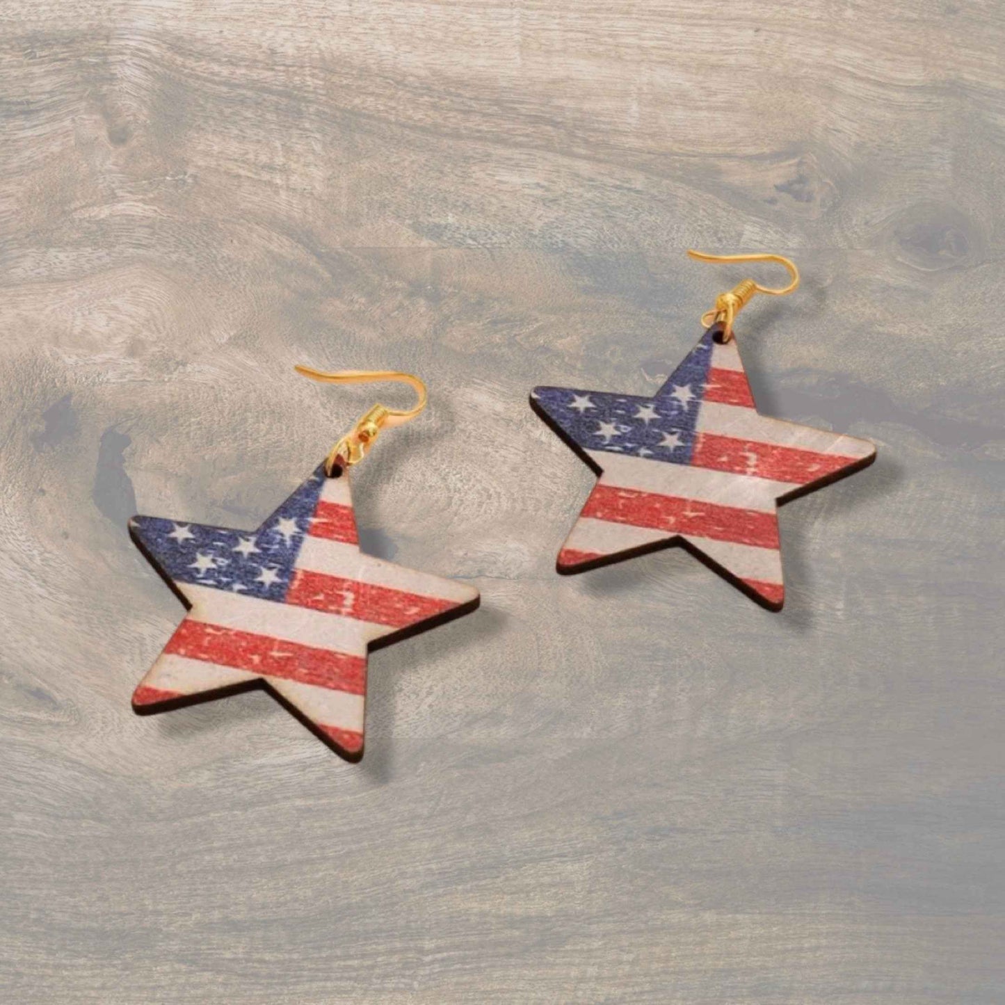 Patriotic Star Dangle Earrings – American Flag Design, Stainless Steel & Wood