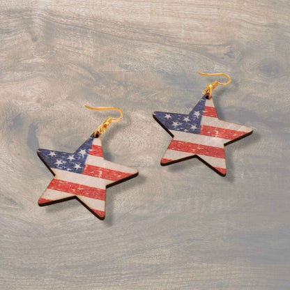 Patriotic Star Dangle Earrings – American Flag Design, Stainless Steel & Wood