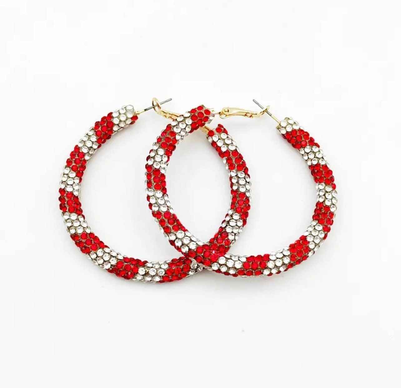 Candy Cane Sparkle – Rhinestone Holiday Hoop Earrings
