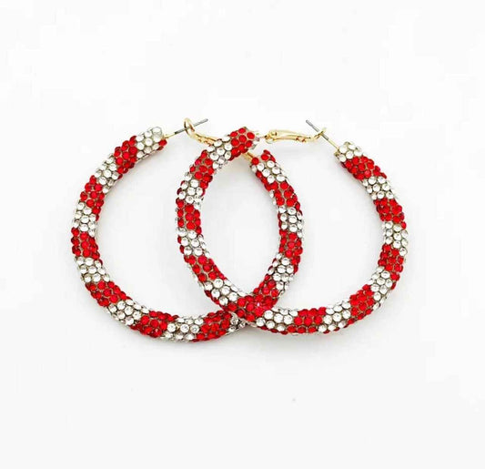 Candy Cane Sparkle – Rhinestone Holiday Hoop Earrings