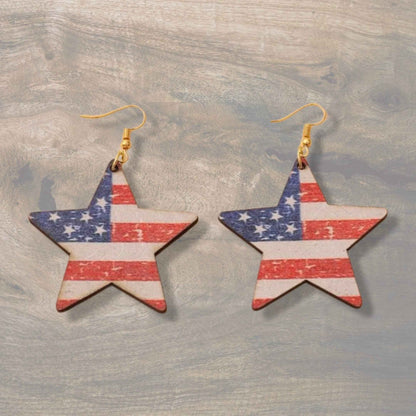 Patriotic Star Dangle Earrings – American Flag Design, Stainless Steel & Wood