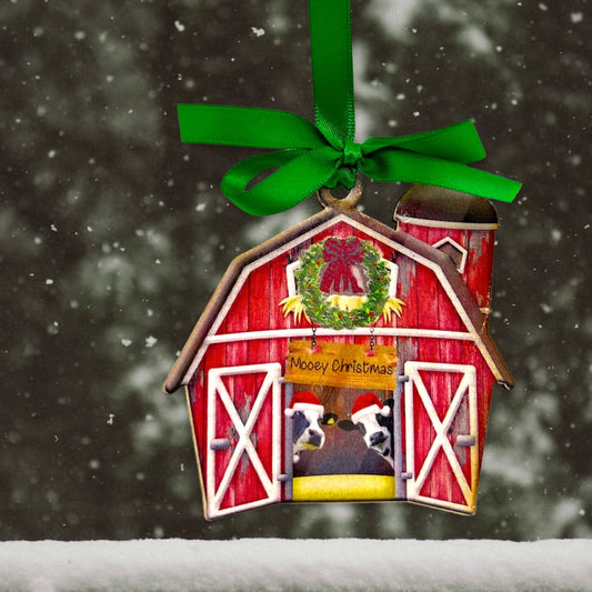 Red Barn Ornament - Farm Ornament, Christmas Ornament, Holiday Ornament, Farmer Gift, Mooey Christmas, Red Barn, Cow Ornament, Sublimation - Rhythms of Grace Creative