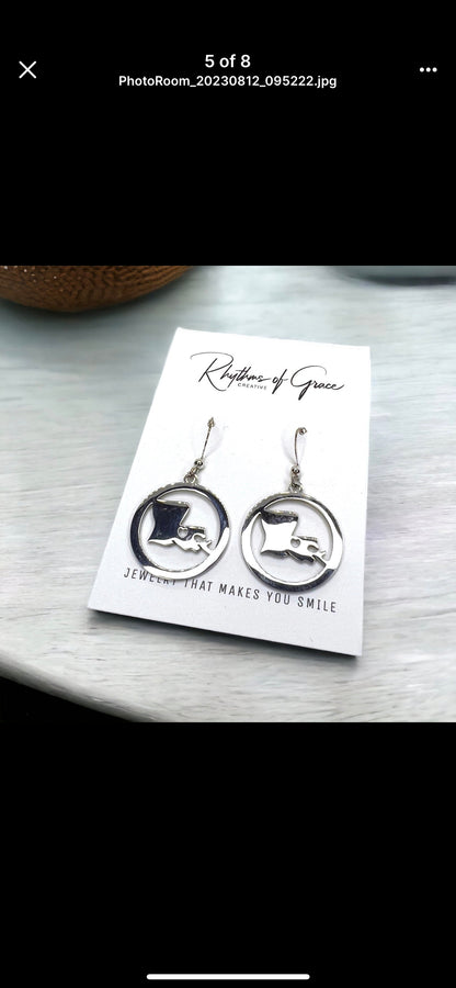 Louisiana Earrings - Louisiana State, Handmade Jewelry, Heart of Louisiana, New Orleans Saints, NOLA Earrings, Handmade Earrings, Silver - Rhythms of Grace Creative