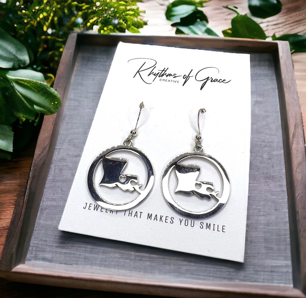 Louisiana Earrings - Louisiana State, Handmade Jewelry, Heart of Louisiana, New Orleans Saints, NOLA Earrings, Handmade Earrings, Silver - Rhythms of Grace Creative