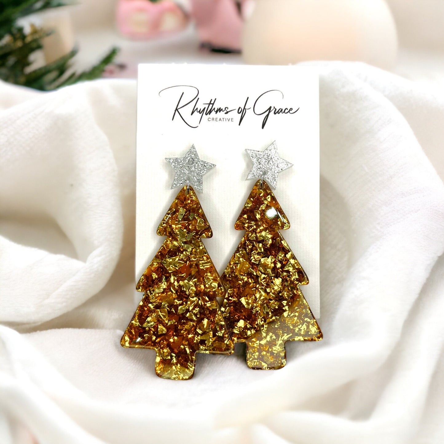 Christmas Tree Earrings - Christmas Earrings, Rhinestone Christmas, Christmas Jewelry, Christmas Jewelry, Handmade Earrings, Glitter Trees - Rhythms of Grace Creative