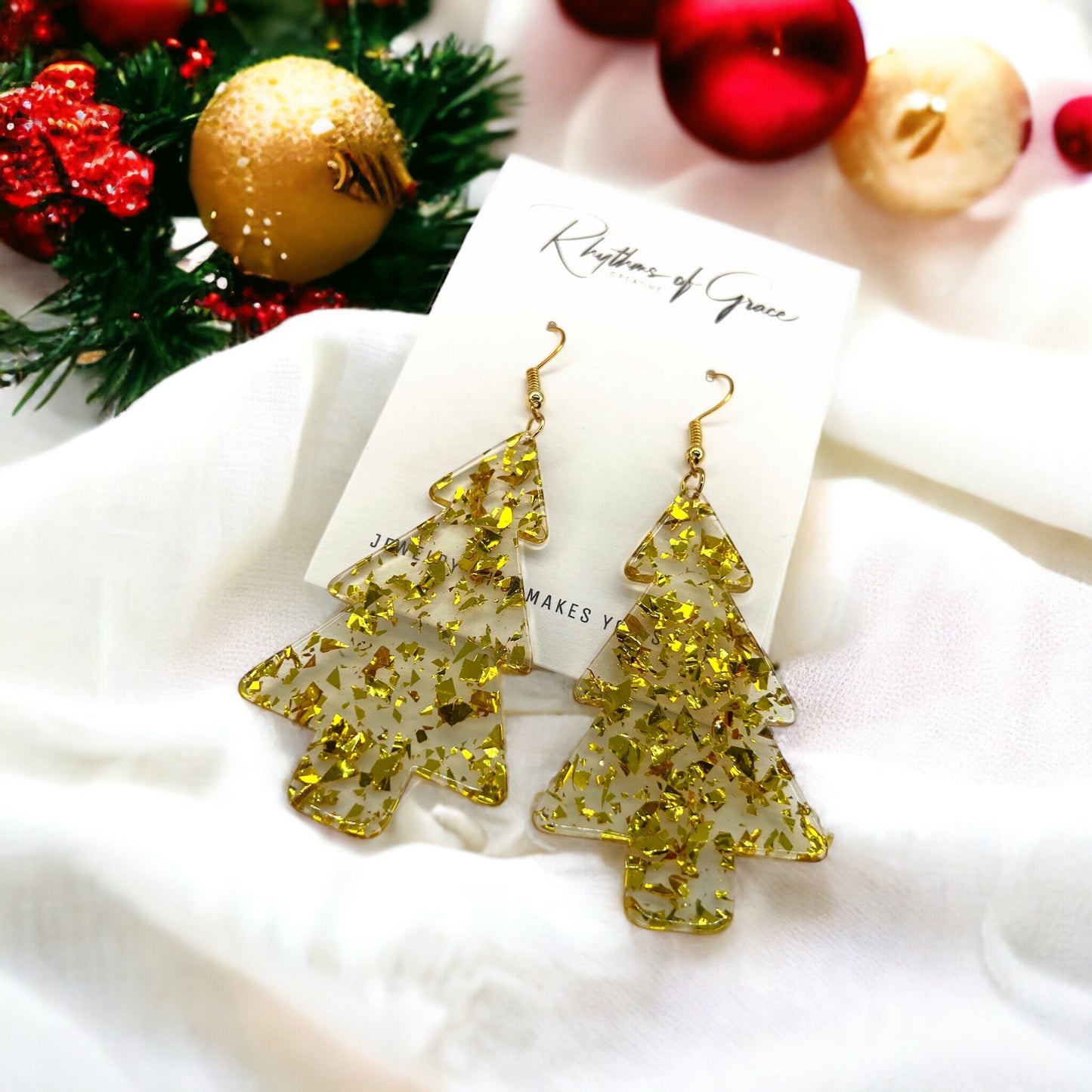 Christmas Tree Earrings - Christmas Earrings, Rhinestone Christmas, Christmas Jewelry, Christmas Jewelry, Handmade Earrings, Glitter Trees - Rhythms of Grace Creative