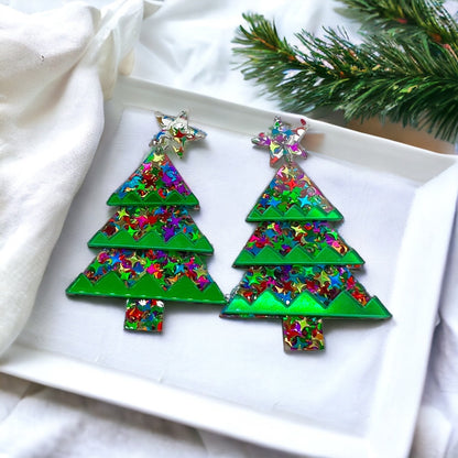 Glitter Christmas Tree Earrings - Christmas Earrings, Glitter Earrings, Christmas Jewelry, Sparkle Queen, Secret Santa, Holiday Earrings - Rhythms of Grace Creative