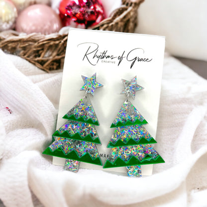 Glitter Christmas Tree Earrings - Christmas Earrings, Glitter Earrings, Christmas Jewelry, Sparkle Queen, Secret Santa, Holiday Earrings - Rhythms of Grace Creative