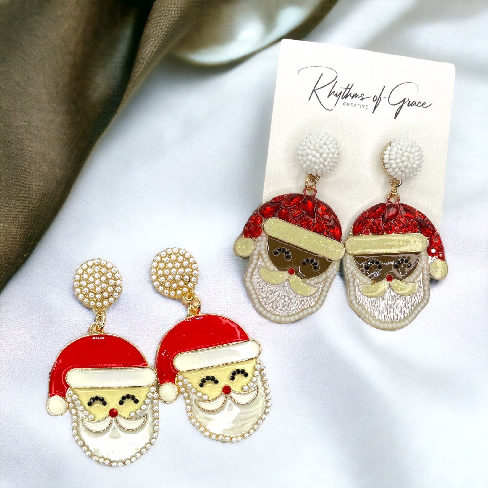 Santa Earrings - Santa Claus, Christmas Earrings, Rhinestone Santa, Christmas Jewelry, Black Santa, Christmas Jewelry, Handmade Earrings - Rhythms of Grace Creative