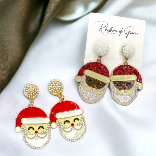 Santa Earrings - Santa Claus, Christmas Earrings, Rhinestone Santa, Christmas Jewelry, Black Santa, Christmas Jewelry, Handmade Earrings - Rhythms of Grace Creative