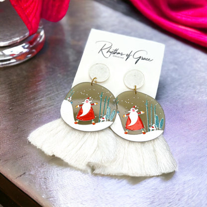 Festive Snowglobe Earrings - Santa Claus Christmas Drop Earrings with Fringe | Holiday Jewelry Gift - Rhythms of Grace Creative