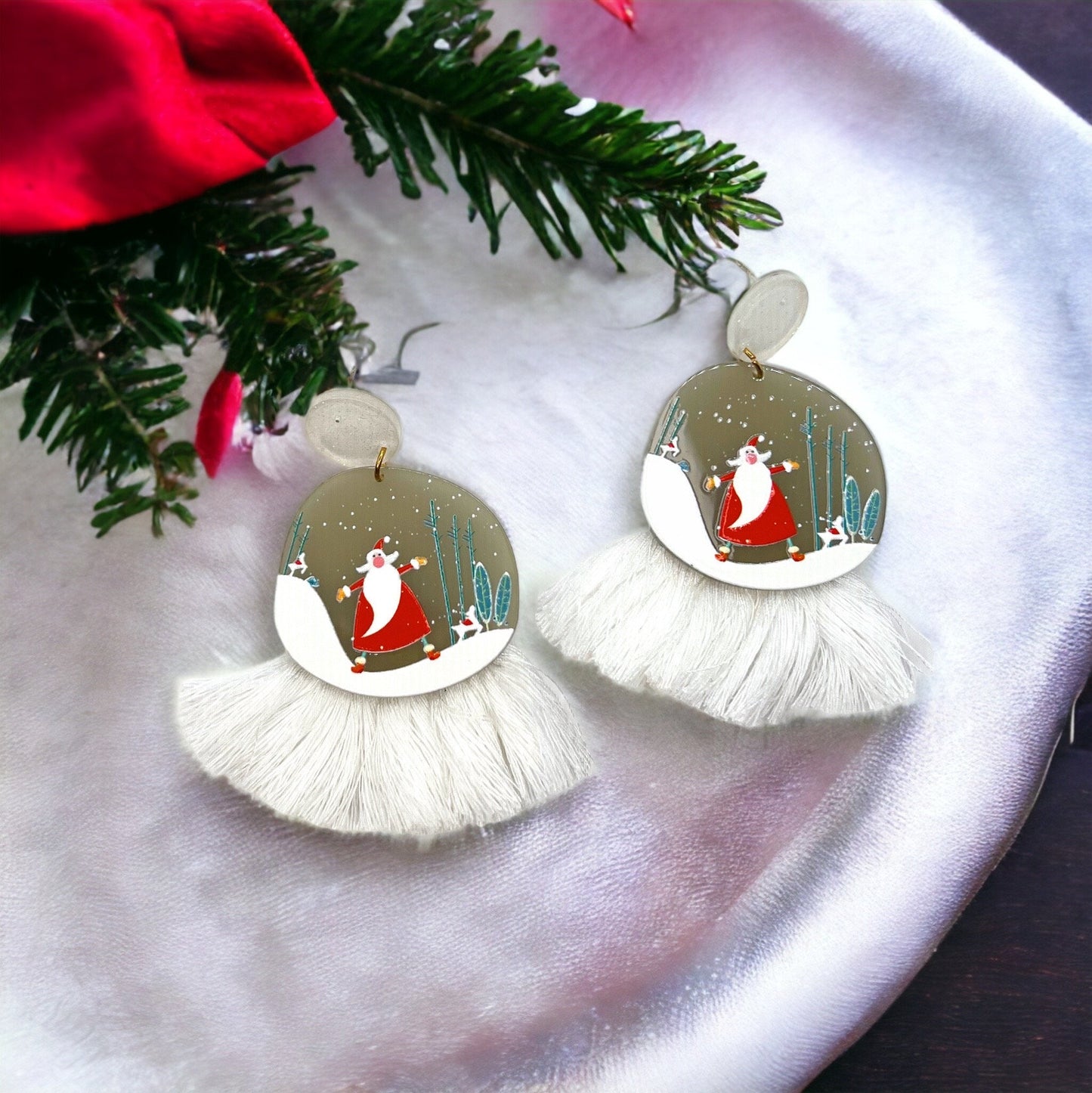 Festive Snowglobe Earrings - Santa Claus Christmas Drop Earrings with Fringe | Holiday Jewelry Gift - Rhythms of Grace Creative