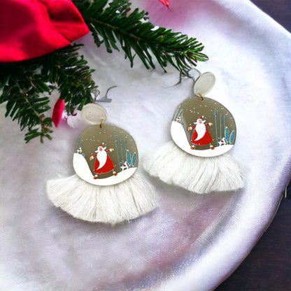 Festive Snowglobe Earrings - Santa Claus Christmas Drop Earrings with Fringe | Holiday Jewelry Gift - Rhythms of Grace Creative