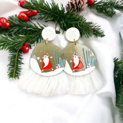 Festive Snowglobe Earrings - Santa Claus Christmas Drop Earrings with Fringe | Holiday Jewelry Gift - Rhythms of Grace Creative