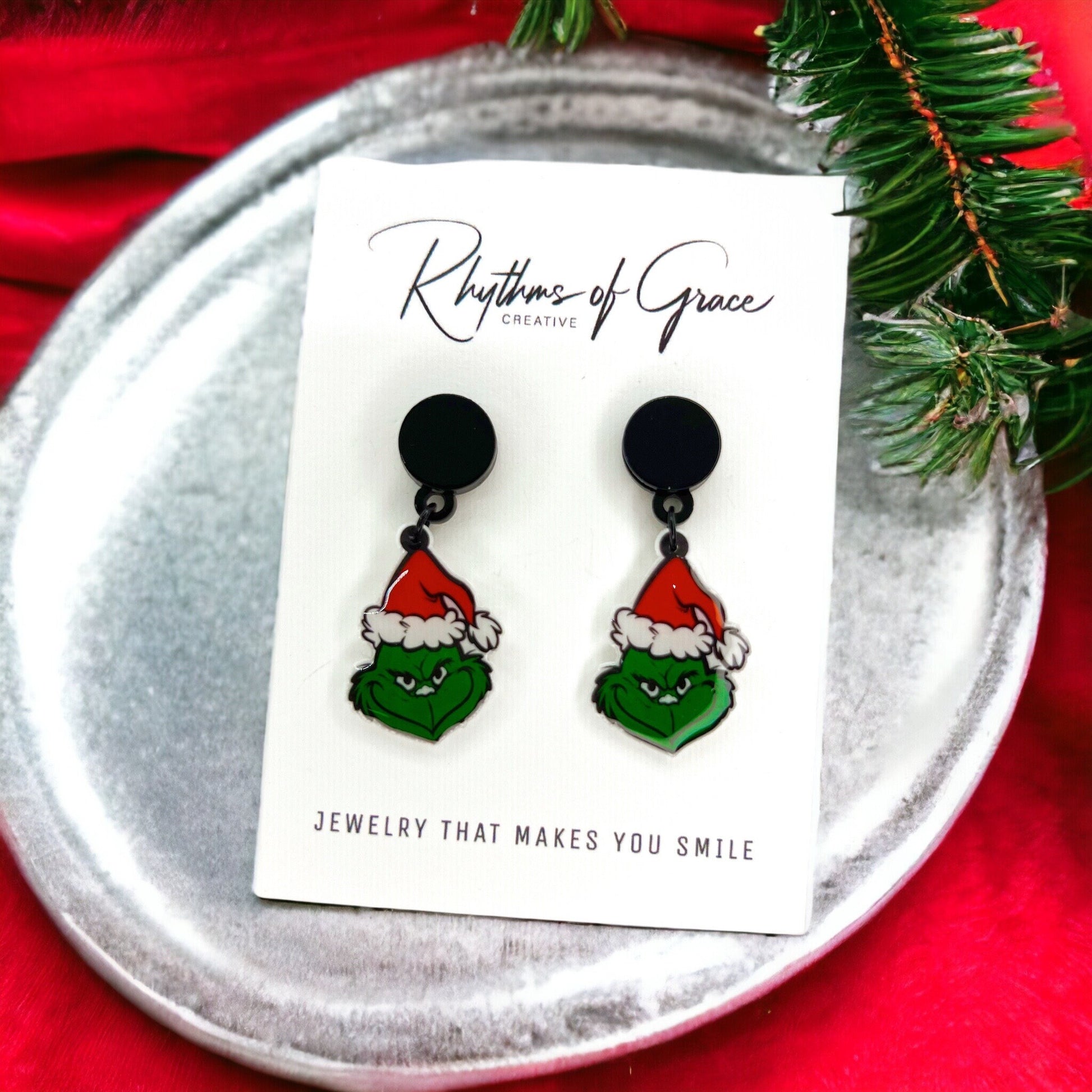 Mean One Earrings - Santa Hat, Christmas Earrings, Christmas Jewelry, Christmas Jewelry, Handmade Earrings, Green Earrings - Rhythms of Grace Creative