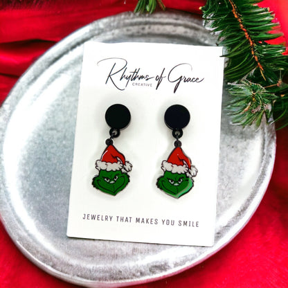 Mean One Earrings - Santa Hat, Christmas Earrings, Christmas Jewelry, Christmas Jewelry, Handmade Earrings, Green Earrings - Rhythms of Grace Creative