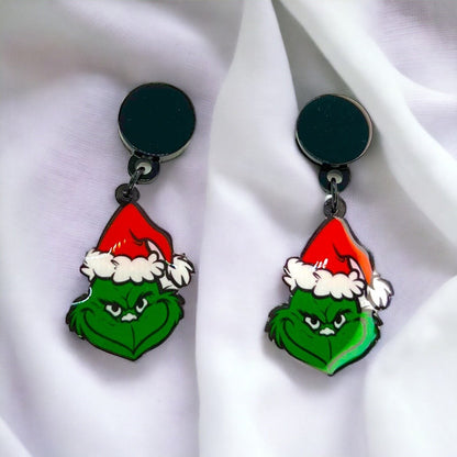 Mean One Earrings - Santa Hat, Christmas Earrings, Christmas Jewelry, Christmas Jewelry, Handmade Earrings, Green Earrings - Rhythms of Grace Creative