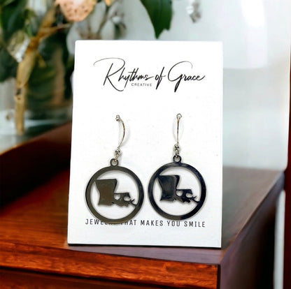 Louisiana Earrings - Louisiana State, Handmade Jewelry, Heart of Louisiana, New Orleans Saints, NOLA Earrings, Handmade Earrings, Silver - Rhythms of Grace Creative