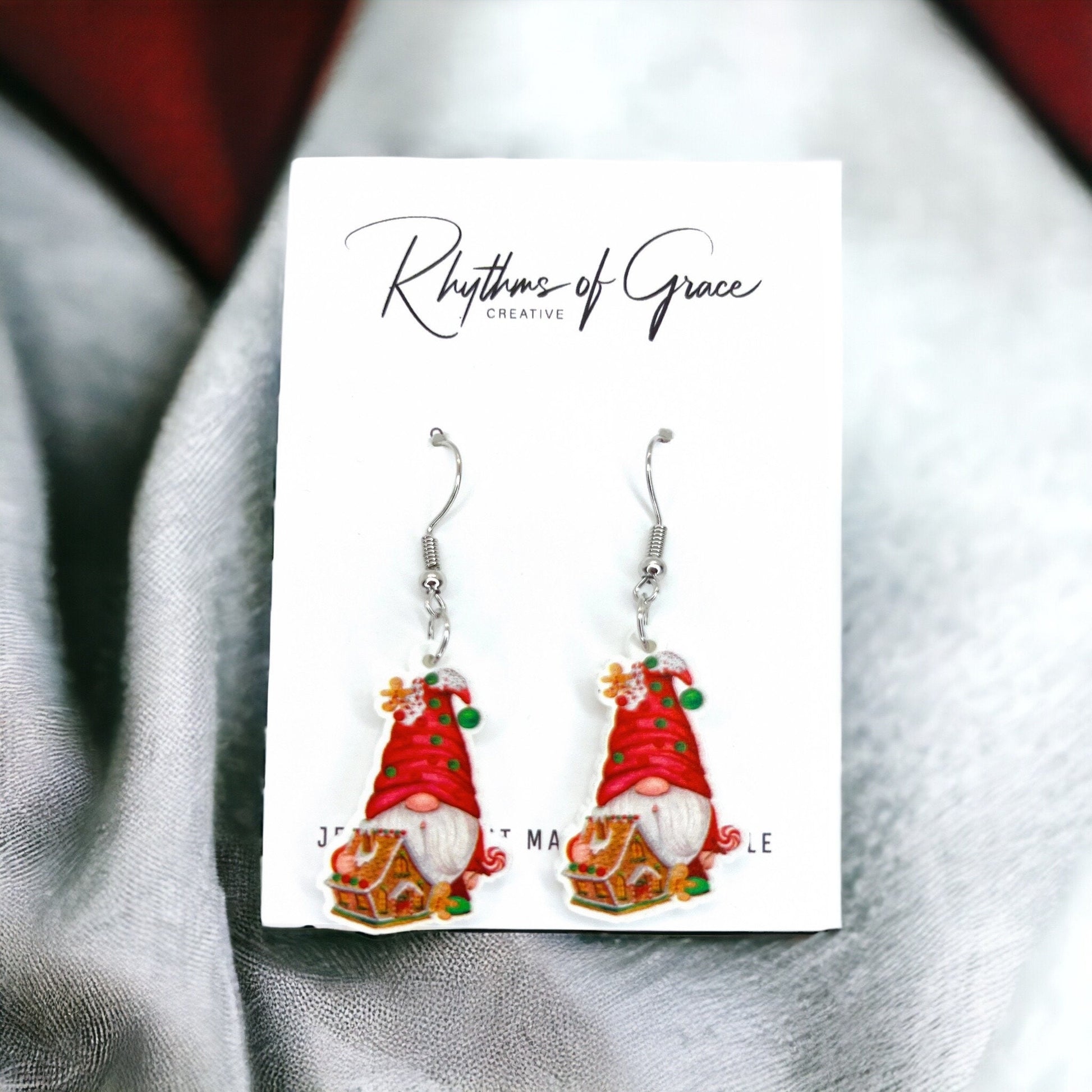 Christmas Gnome Earrings - Christmas Earrings, Garden Gnome, Christmas Gnomes, Christmas Jewelry, Handmade Earrings, Holiday Gnome, Elf - Rhythms of Grace Creative
