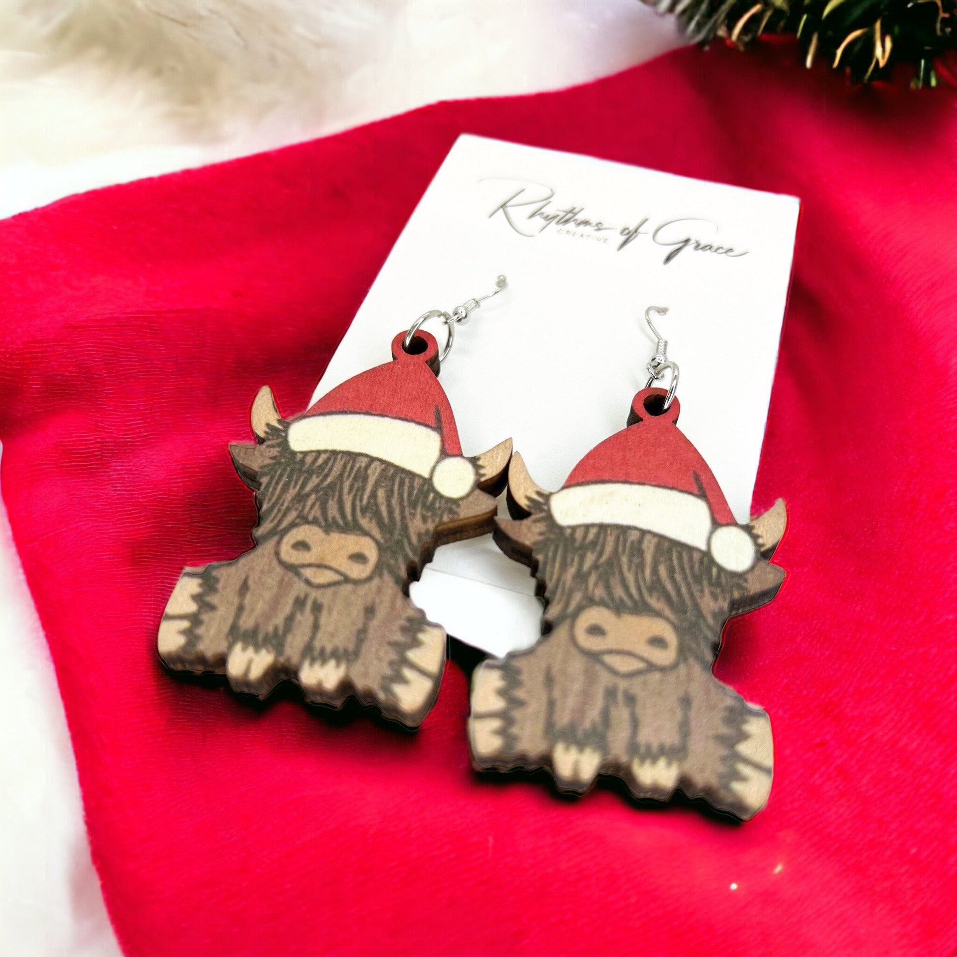 Christmas Highland Cow Earrings, Christmas Earrings, Christmas Jewelry, Avocado Jewelry, Handmade Earrings, Santa Claus, Santa Hat, Cow - Rhythms of Grace Creative