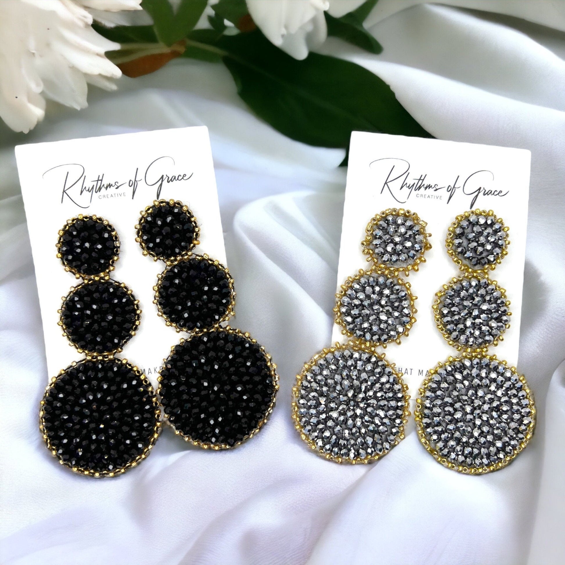 Beaded Drop Earrings - NOLA Saints, Beaded Earrings, Beaded Jewelry, Silver Earrings, Black Earrings, Beaded Accessories, Black and Gold - Rhythms of Grace Creative