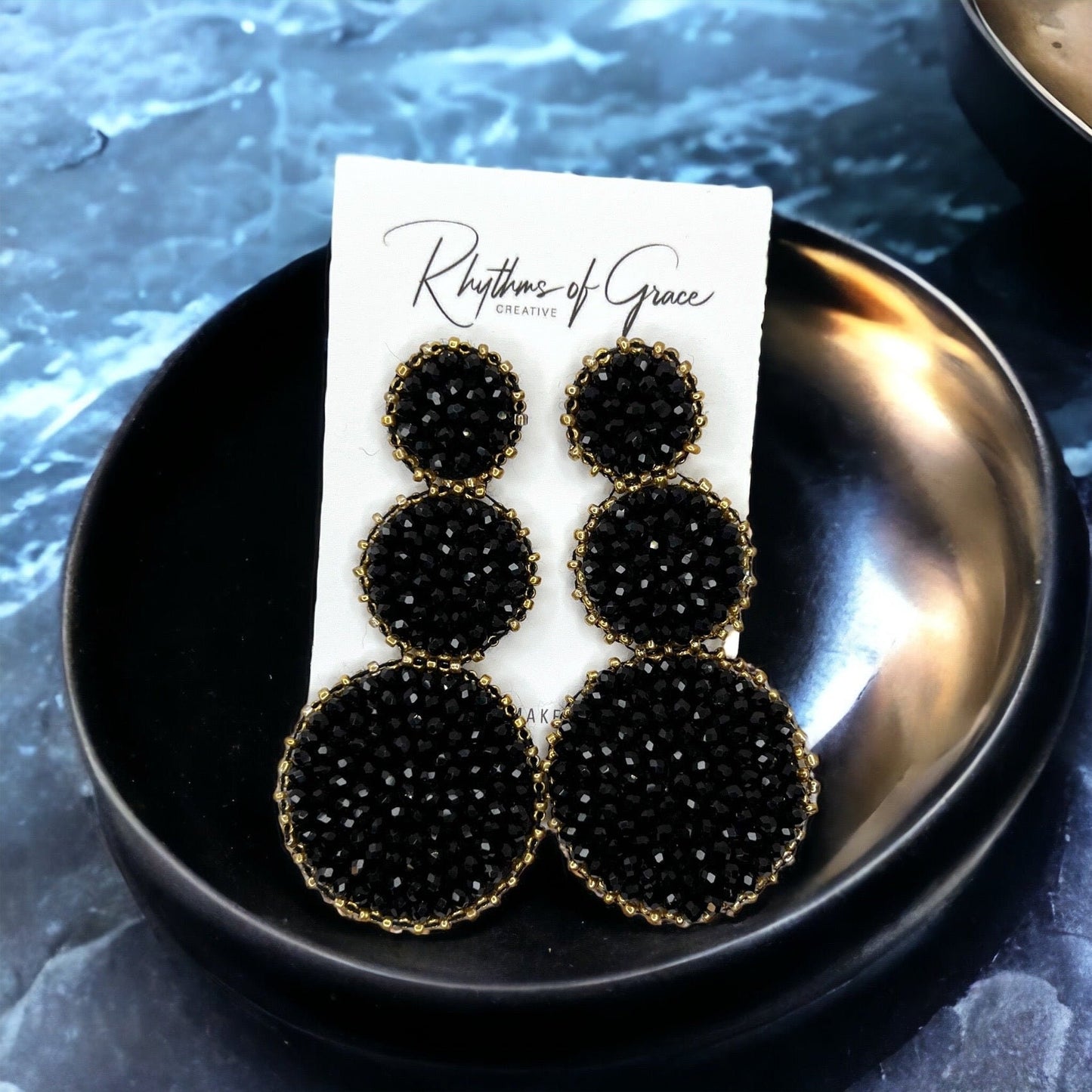 Beaded Drop Earrings - NOLA Saints, Beaded Earrings, Beaded Jewelry, Silver Earrings, Black Earrings, Beaded Accessories, Black and Gold - Rhythms of Grace Creative