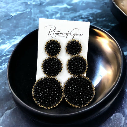 Beaded Drop Earrings - NOLA Saints, Beaded Earrings, Beaded Jewelry, Silver Earrings, Black Earrings, Beaded Accessories, Black and Gold - Rhythms of Grace Creative