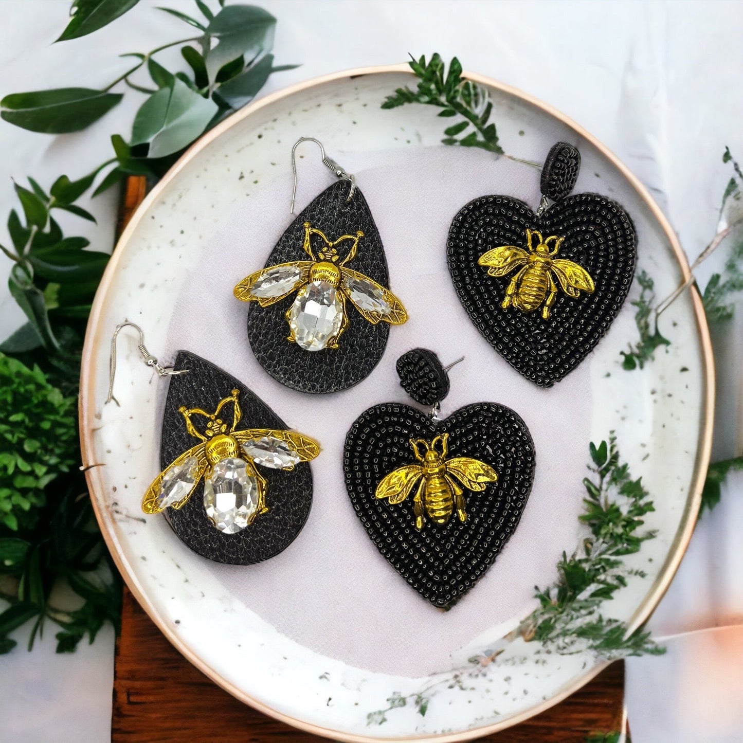 Rhinestone Bee Earrings - Honeybee Earrings, Bumblebee Earrings Black Earrings, Bee Mine, Black and Gold Earrings, Rhinestone Earrings - Rhythms of Grace Creative