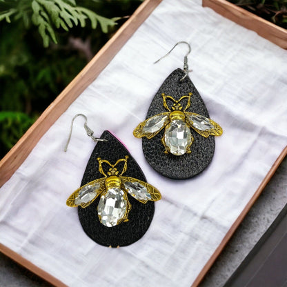 Rhinestone Bee Earrings - Honeybee Earrings, Bumblebee Earrings Black Earrings, Bee Mine, Black and Gold Earrings, Rhinestone Earrings - Rhythms of Grace Creative