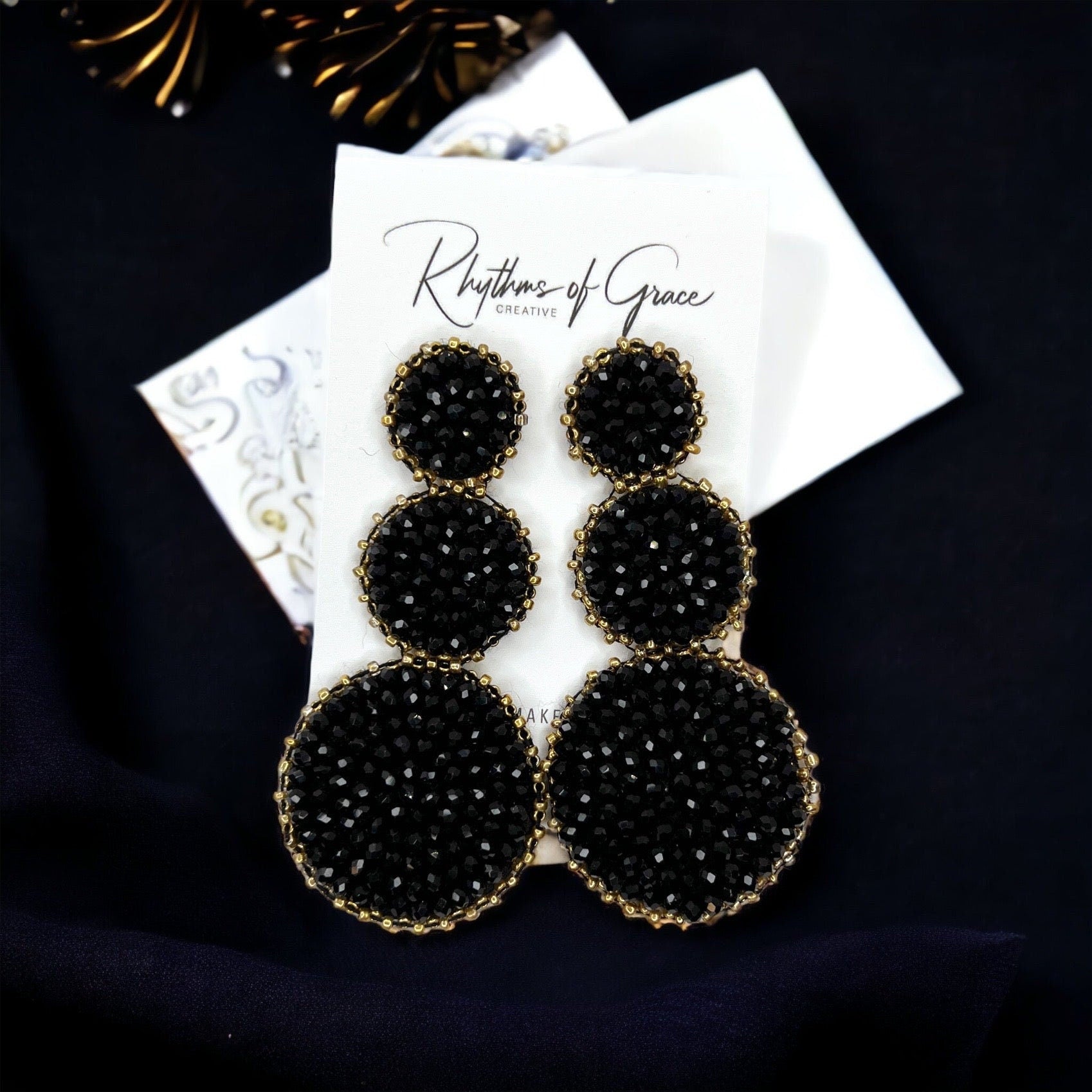 Beaded Drop Earrings - NOLA Saints, Beaded Earrings, Beaded Jewelry, Silver Earrings, Black Earrings, Beaded Accessories, Black and Gold - Rhythms of Grace Creative