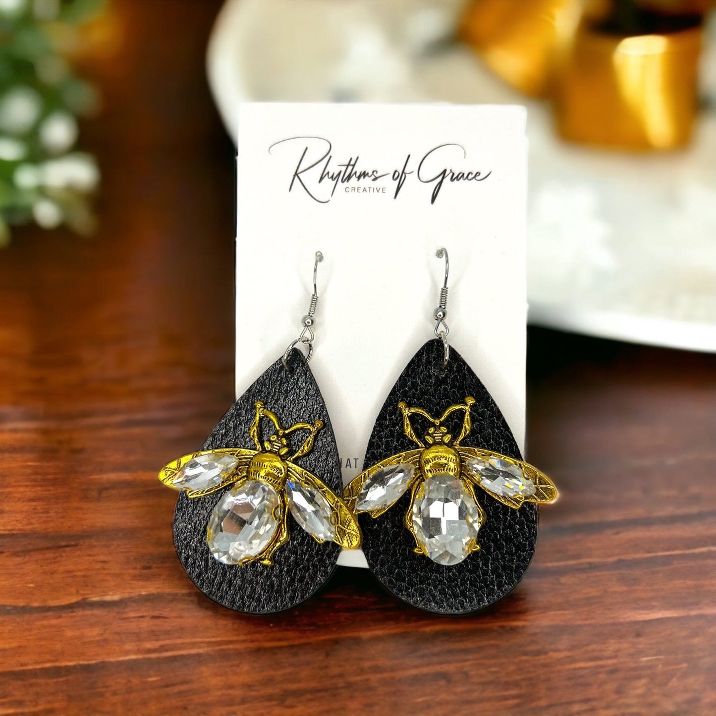 Rhinestone Bee Earrings - Honeybee Earrings, Bumblebee Earrings Black Earrings, Bee Mine, Black and Gold Earrings, Rhinestone Earrings - Rhythms of Grace Creative