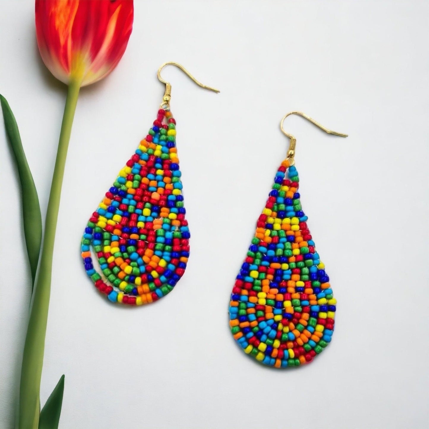 Beaded Drop Earrings - Festival Outfit, Boho Earrings, Bohemian Style, Rainbow Beaded, Rainbow Earrings, Beaded Accessories