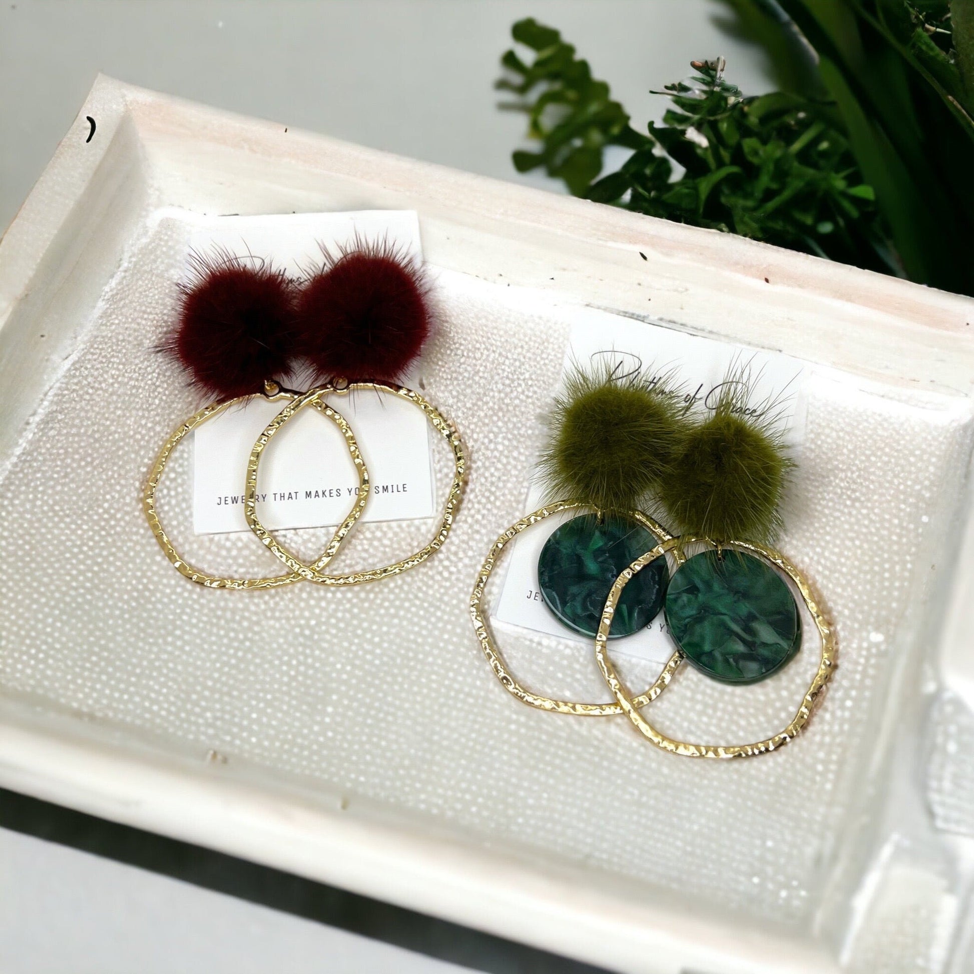 Pom Pom Earrings - Maroon Earrings,Green Earrings, Maroon Accessories, Green Jewelry, Gold Earrings, Gold Accessories, Gold Jewelry
