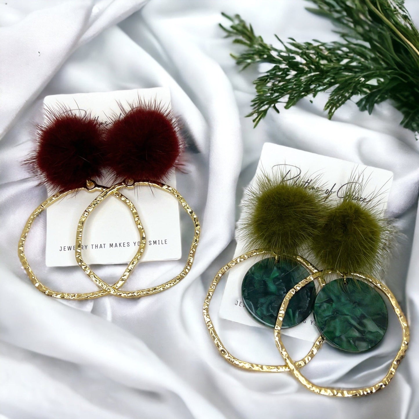 Pom Pom Earrings - Maroon Earrings,Green Earrings, Maroon Accessories, Green Jewelry, Gold Earrings, Gold Accessories, Gold Jewelry