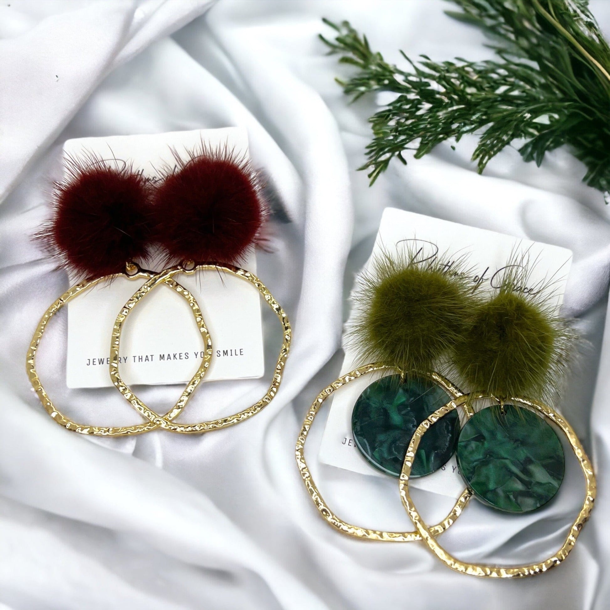 Pom Pom Earrings - Maroon Earrings,Green Earrings, Maroon Accessories, Green Jewelry, Gold Earrings, Gold Accessories, Gold Jewelry