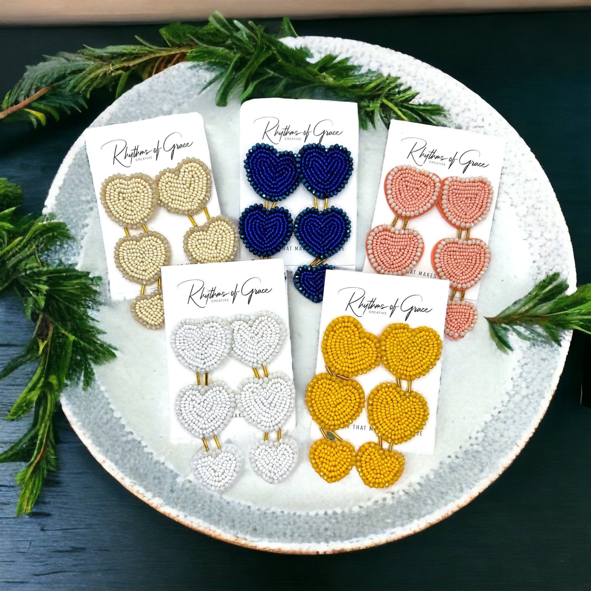 Beaded Heart Earrings - Boho Earrings, Bohemian Style, Kentucky Derby, Beaded Earrings, Beaded Jewelry, Valentine’s Day, Heart Accessories - Rhythms of Grace Creative